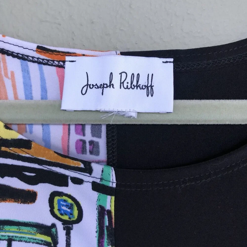 Joseph Ribkoff Dress Size 14/XL Black City Print Jersey Stretch Artsy Whimsical